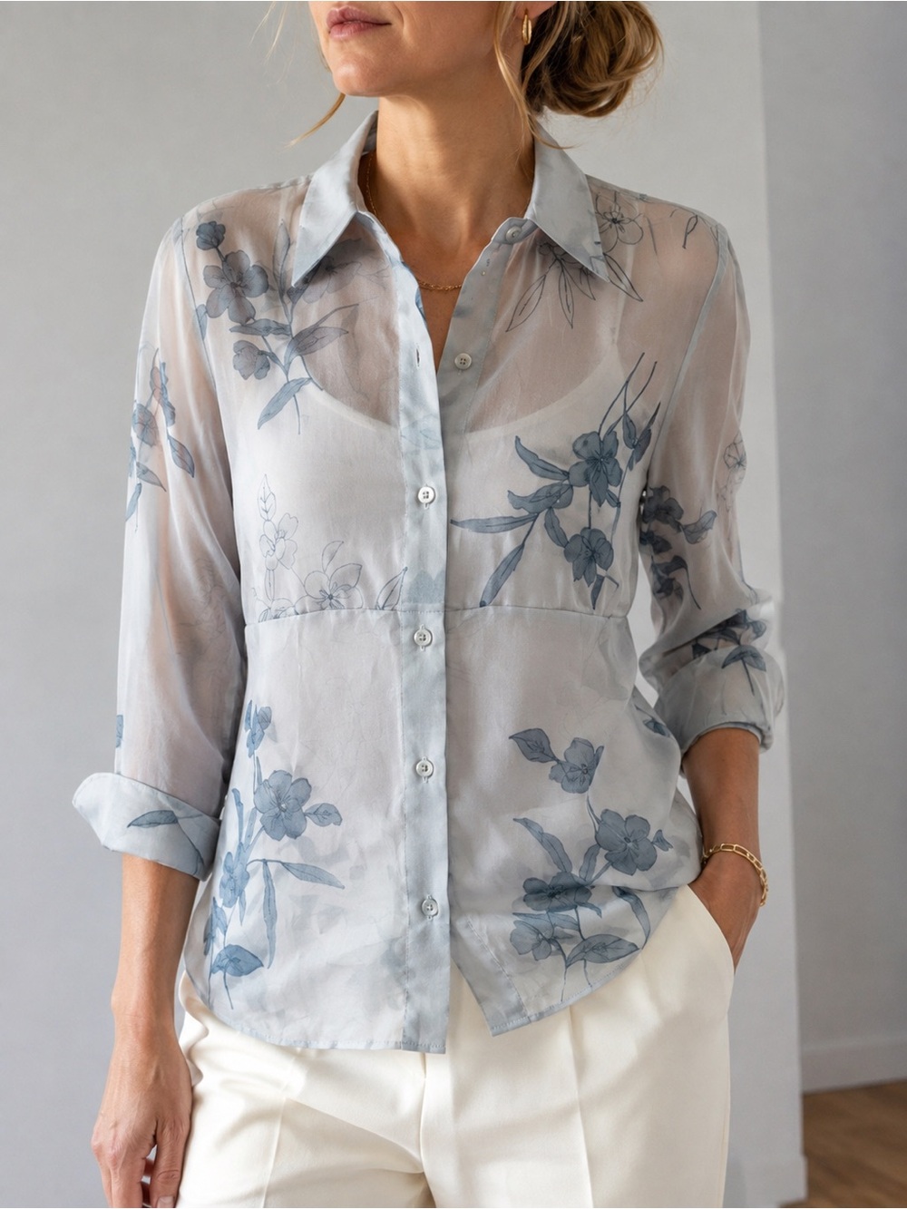 Linda Allard Ellen Tracy 100% Silk Sheer Floral Blouse Blue Size 8